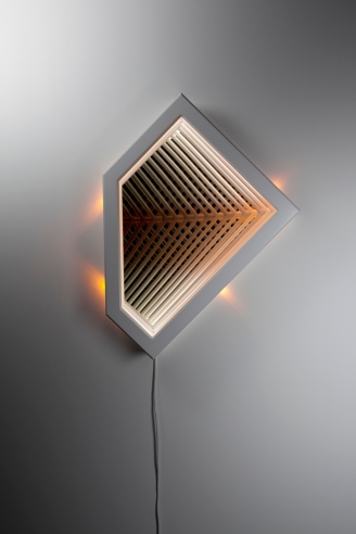  Converge II , wood, reflective glass, mirror, MDF and LED lights, 87.5 x 65 x 12.5cm. Photo: Pippy Mount. 